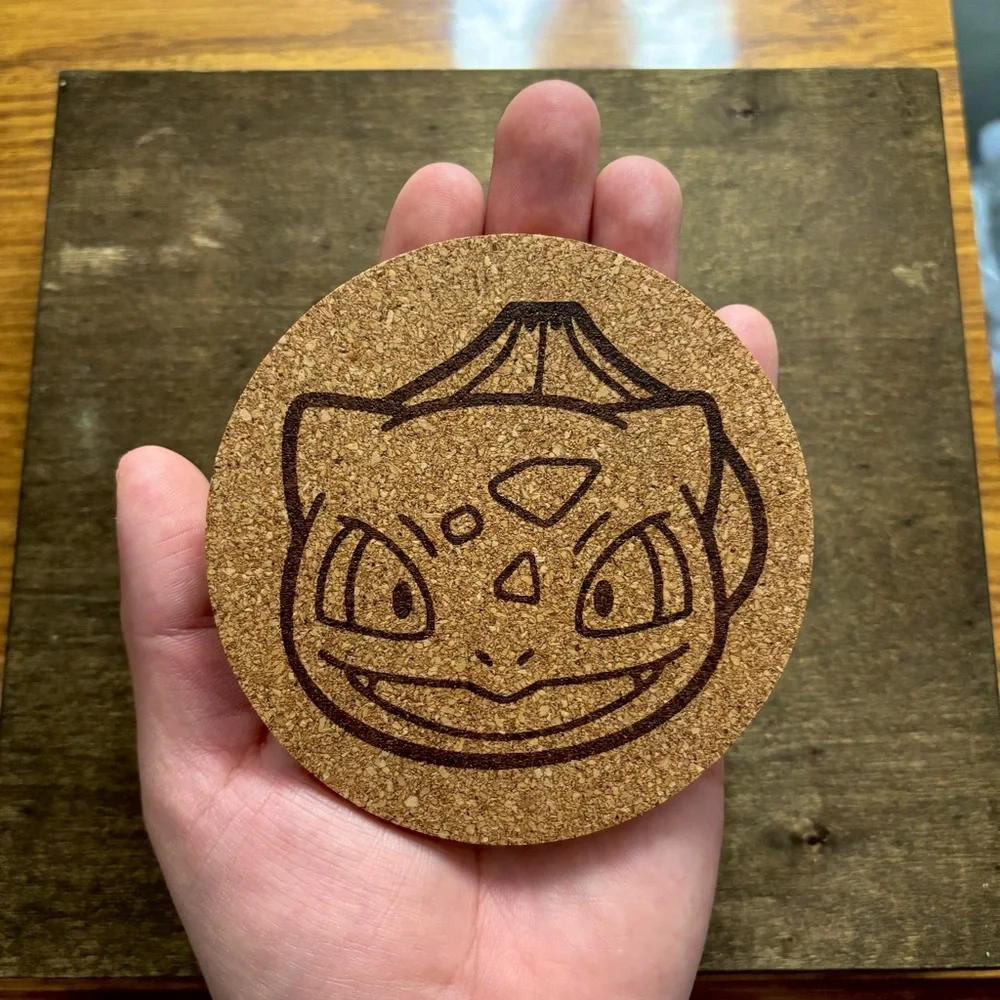 Pokemon Bulbasaur Face Laser Engraved Cork Coaster